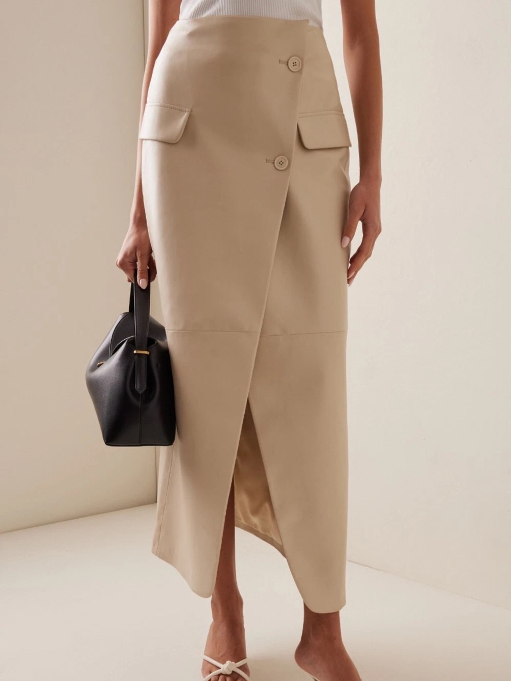 The Frankie shop High-Waist Beige Wrap Midi Skirt with Button Detail